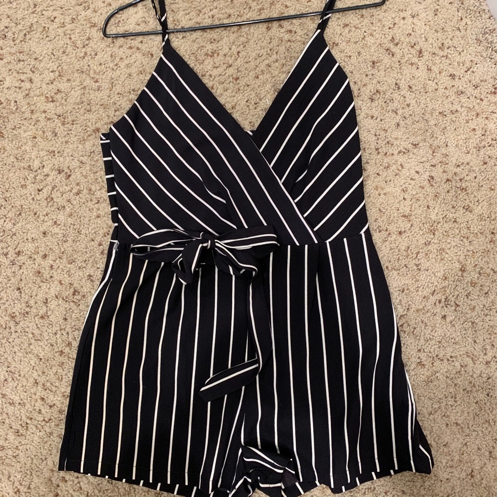 Black striped romper with belt